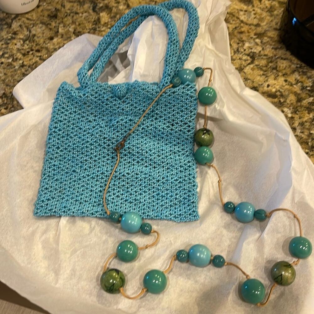 Handbag turquoise beaded with  beaded necklace 6x6” body of purse with 2 handles
